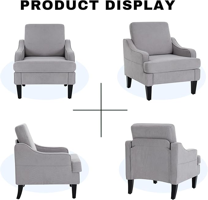 Accent Chair for Living Room,Mid-Century Arm Chair Fabric Living Room Chairs,Upholstered Reading Chair for Bedroom,Single Sofa Chair with Wood Legs for Apartment,Grey