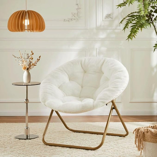 Comfortable Cozy Faux Fur Disc Chair Foldable Feature for Bedroom, Living Room and Dorm, Adult-Sized Relaxation, White