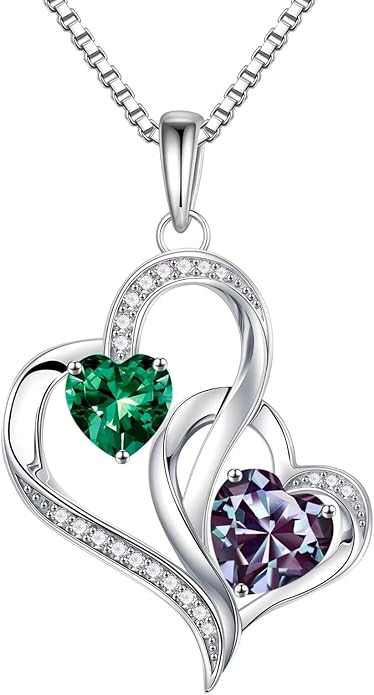 Iefil Christmas Gifts for Women - Double Heart Birthstone Necklace, 925 Sterling Silver Heart Pendant Necklace, Anniversary Birthday Gifts for Women | Personalized Jewelry Gift for Wife Mom Girlfriend