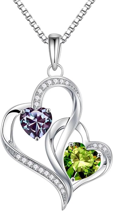 Iefil Christmas Gifts for Women - Double Heart Birthstone Necklace, 925 Sterling Silver Heart Pendant Necklace, Anniversary Birthday Gifts for Women | Personalized Jewelry Gift for Wife Mom Girlfriend
