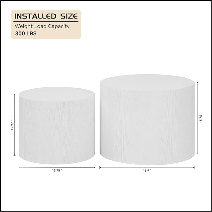 Small Round Nesting Coffee Table Set of 2, Wood Grain Circle Side End Accent Tables for Small Spaces Living Room Bedroom Balcony Office, White