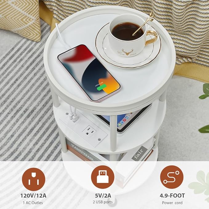 Small Round End Table with Charging Station, 3-Tier Accent Couch Beside Table with USB Ports & Power Outlets, Sofa Side Table for Living Room Small Nightstand Bedroom (USB Charger, White)