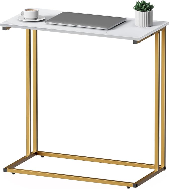 C-Shaped Side Table, Modern End Table with Metal Frame, Space Saving Design for Living Room，Large Surface Couch Table for Bedroom, and Home Office，24 x 12 x 24 inches (Marble White)