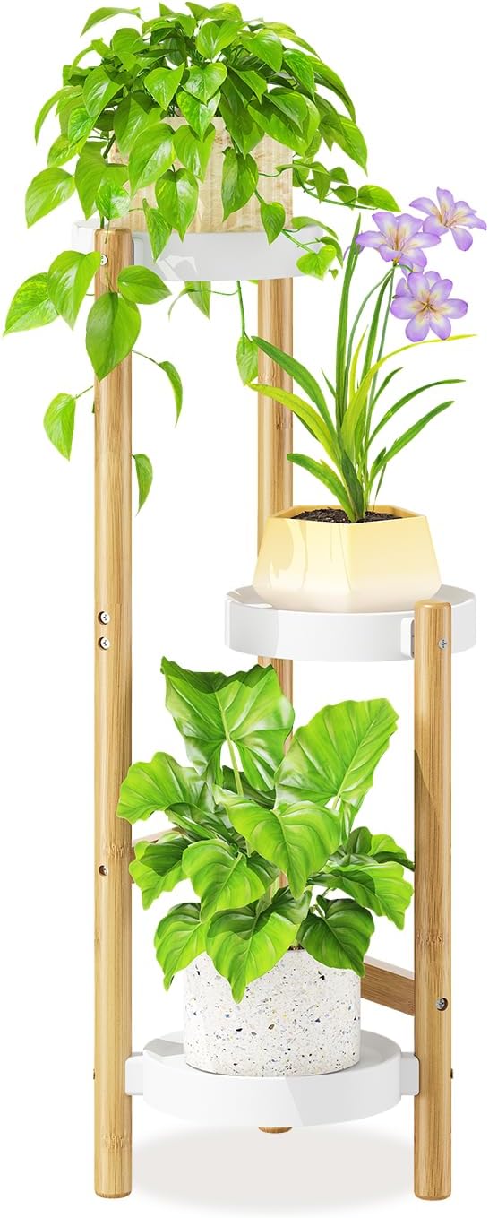 LASZOLA Bamboo White 3 Tier Heavy Duty Plant Stand Indoor, Tall Multiple Level Vertical Planter Rack for Modern Narrow Corner, Slim Spiral Flower Holder Organizer Display for House Decor, Plastic Tray