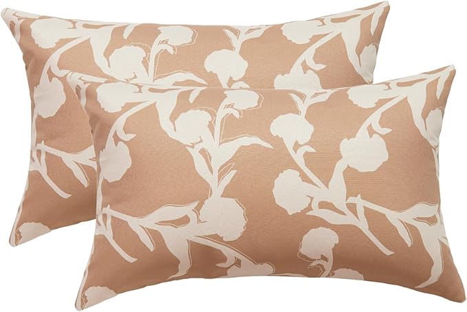 Mantle & Mason Floral Outdoor Lumbar Pillows Waterproof 12x20 for Patio Furniture Set of 2 Tan Decorative Pillow Covers for Couch Porch Chair Bench Reversable Chinoiserie Home Decor Pillow Cases