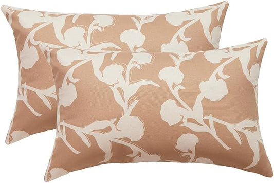 Mantle & Mason Floral Outdoor Lumbar Pillows Waterproof 12x20 for Patio Furniture Set of 2 Tan Decorative Pillow Covers for Couch Porch Chair Bench Reversable Chinoiserie Home Decor Pillow Cases