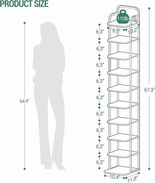 10 Tiers Vertical Shoe Rack, Narrow Shoe Tower, Tall Shoes Shelf with 2 Hooks, Adjustable Shelves, Corner Shoes Shelves for Small Spaces, Entryway, Living Room, White Gold SR11213A