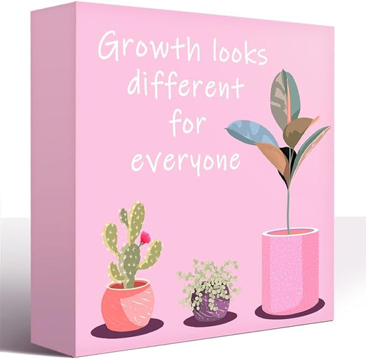 LVQHI Pink Decor For Desk, Growth Looks Different For Everyone Plant Inspirational Motivational Wooden Block Sign For Home Bedroom Office Desk Table Decor, Cheer Up Gift For Coworker Friend