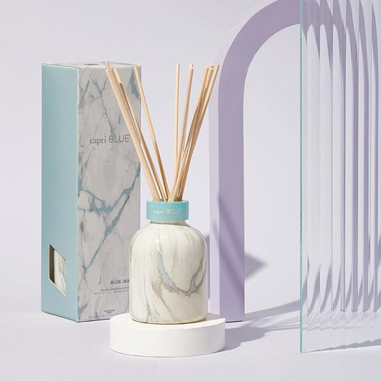 Capri Blue Reed Diffuser Set - Modern Marble Oil Diffuser, Sticks & Aroma Oil - Air Freshener for Home Decor - Blue Jean Scents (5.7 fl oz)