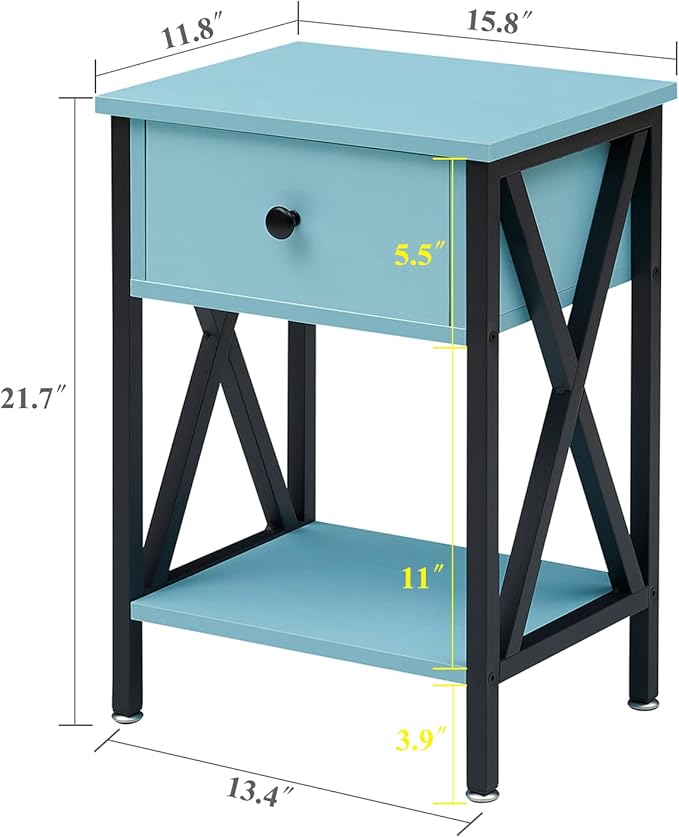 VECELO Nightstands Set of 2, Modern Bedside End Tables, Night Stands with Drawer and Storage Shelf for Living Room Bedroom, Industrial Metal Frame