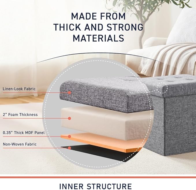 Ornavo Home Foldable Tufted Linen Storage Ottoman Square Cube Foot Rest Stool/Seat - 15" x 15" x 15" (Grey)