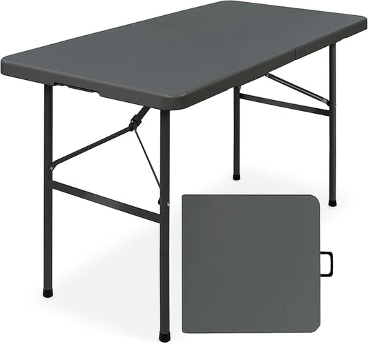 Best Choice Products 4ft Plastic Folding Table, Indoor Outdoor Heavy Duty Portable w/Handle, Lock for Picnic, Party, Camping - Dark Gray