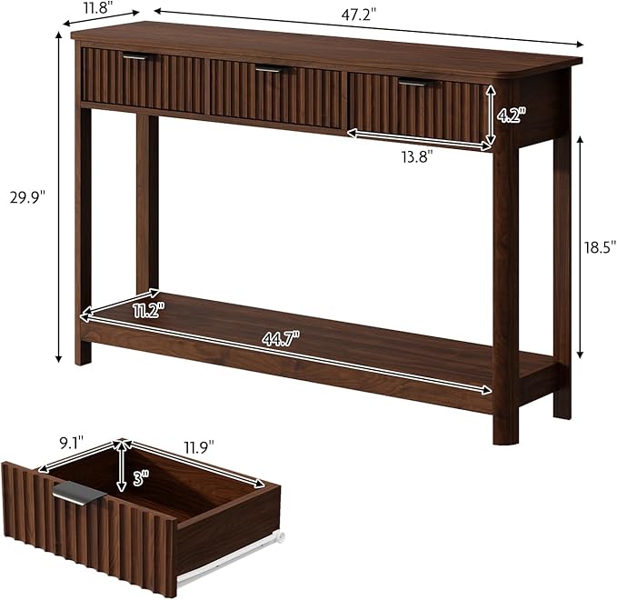 Fluted Console Table with Drawers, Modern 47.1" Entryway Table with Storage Shelf, Boho Narrow Skinny Behind Couch Wood Sofa Table for Living Room Hallway Entrance Foyer,Walnut