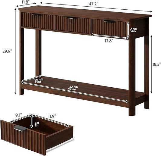Fluted Console Table with Drawers, Modern 47.1" Entryway Table with Storage Shelf, Boho Narrow Skinny Behind Couch Wood Sofa Table for Living Room Hallway Entrance Foyer,Walnut