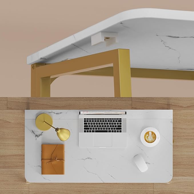 WOHOMO White Faux Marble Folding Desk, 31.5" Small Desk for Small Spaces with Gold Legs, Easy Assemble Foldable Computer Desk, Mini Portable Working Table for Home Office, White and Gold