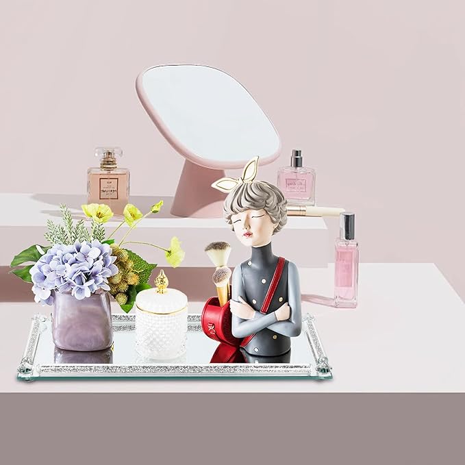 Silver Glass Vanity Tray,Perfume Tray,Mirror Trays for Bedroom Dresser,Decorative Tray for Home Decor Christmas Brithday Gift(Silver Crushed Diamond)