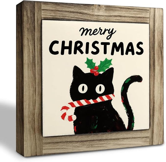Merry Christmas Wood Sign, Funny Cat Decor, Decorative Sign Table Decor, Farmhouse Home Decors, Shelves Decoration, Desk Decors Art, Merry Christmas Gift for Cat Lover