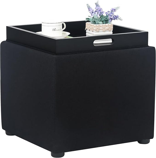 Adeco 17" Black Square Storage Ottoman with Tray, Modern Cube Ottoman Coffee Table for Dorm, Bedroom