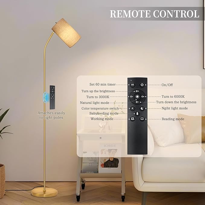 Gold Floor Lamp for Living Room with Remote,Remote Custom Color Temperature & Brightness, Stepless Dimmable Bulb Included,Tall Stand Reading Lamp for Living Room Bedroom Office(Beige/Gold)