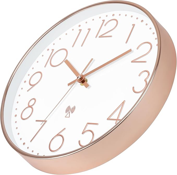 Foxtop Atomic Wall Clock Battery Operated Round Analog Modern Wall Clock Sets Automatically for Office Classroom Bedroom Kitchen Living Room (Rose Gold)