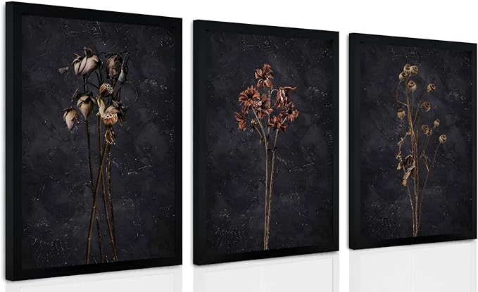 arfitest Vintage Flower Wall Art Dark Moody Wildflower Wall Decoration Minimalist Wildflower Frame Wall Decoration 12''x16'' Inch Set of 3 Black Photo Frames