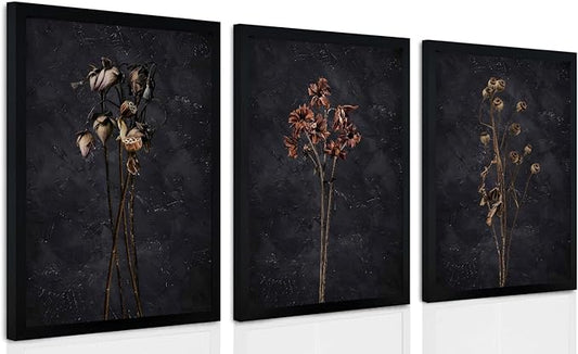 arfitest Vintage Flower Wall Art Dark Moody Wildflower Wall Decoration Minimalist Wildflower Frame Wall Decoration 12''x16'' Inch Set of 3 Black Photo Frames