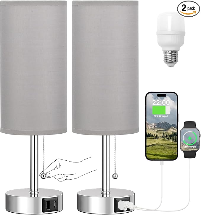 Silver Bedside Lamps for Bedroom Set of 2 - Nightstand Table Lamp with USB A + C Charging Port, 3 Color Temperatures Pull Chain Night Stand Light, Side Table Desk Reading Lamp for Living Room/Dorm