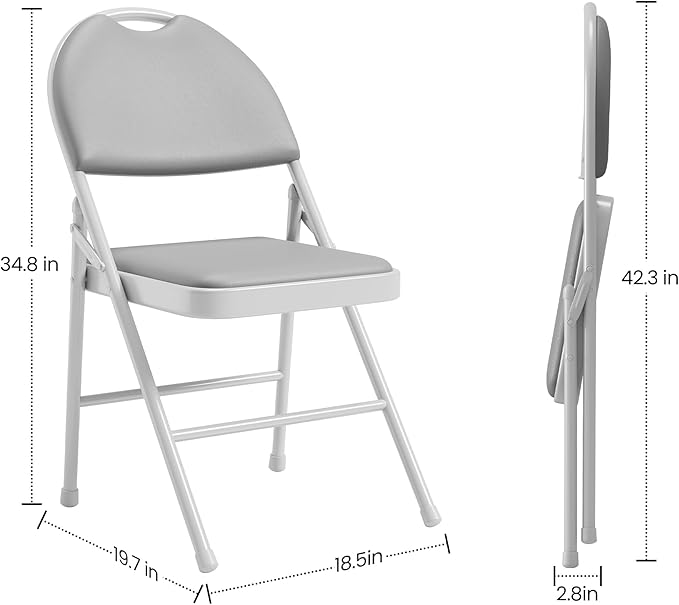 4 Pack Folding Chairs with PU Leather Padded Cushion, 350Lbs Capacity, Lightweight Ergonomic Design, Metal Frame, Indoor Outdoor Portable Stackable Seats for Home Office Party Events,Gray