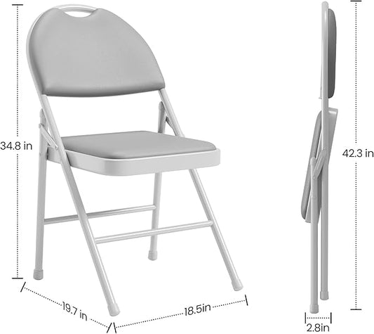 4 Pack Folding Chairs with PU Leather Padded Cushion, 350Lbs Capacity, Lightweight Ergonomic Design, Metal Frame, Indoor Outdoor Portable Stackable Seats for Home Office Party Events,Gray