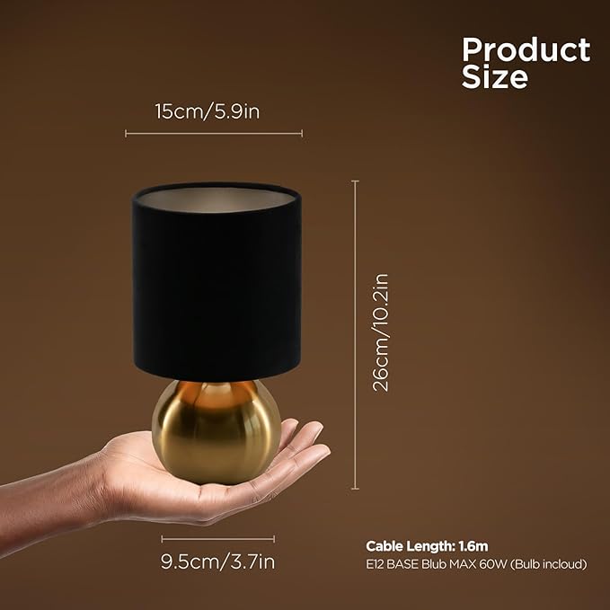 KUNJOULAM Small Bedside Lamp, Mid Century Lamp with Brass Base, Nightstand Table Lamp for Bedroom, Living Room, Bookshelf, Modern Accent Mini Table Lights Black Plastic Fabric Shade