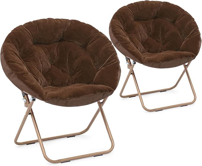Athena Collection Comfy Saucer Chair Folding Cozy Chair for Bed Room Living Room Accent Chair Faux Fur Reading Chair Foldable Metal Frame Lazy Chair Moon Chair for Adult Set of 2, Brown