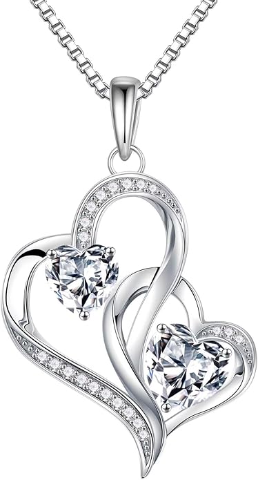 Iefil Christmas Gifts for Women - Double Heart Birthstone Necklace, 925 Sterling Silver Heart Pendant Necklace, Anniversary Birthday Gifts for Women | Personalized Jewelry Gift for Wife Mom Girlfriend