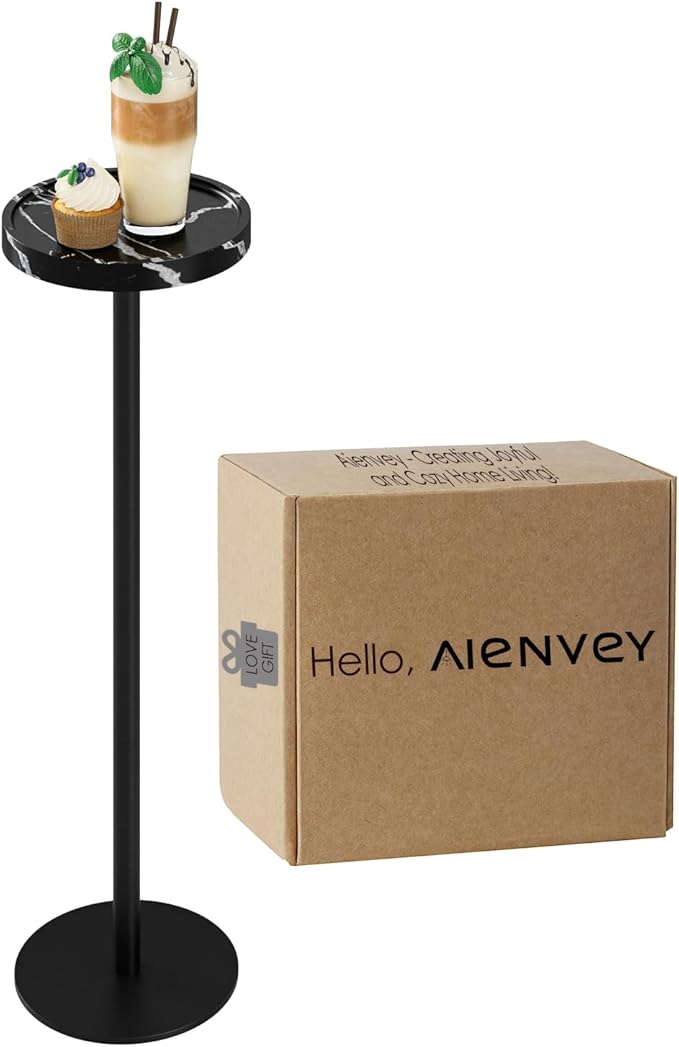 Drink Table, Small Pedestal Side Table, Round Cocktail Table, Circle Accent End Table with Metal Base, for Small Spaces (1, Black Marble)