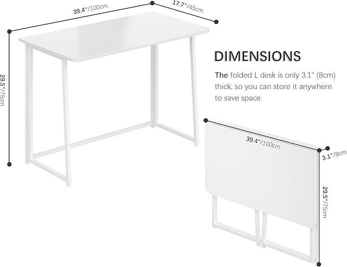 4NM 39.4" Small Folding Desk, Foldable Computer Home Office Desk, Study Writing Table for Small Space Saving Bedroom, Easy Assembly - All White