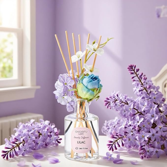 Chloefu Lan Lilac Reéd Diffuser Oil, 6.7 oz Refreshing Natural Essential Scented Oil with Purple Flower Diffuser Sticks,Bathroom Decor, Home & Office Decor,Diffuser Oil Gift Set