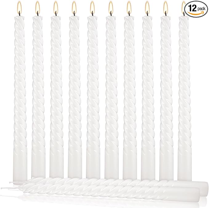 12 Pack White Spiral Taper Candles,Smooth Flame,7+Hour Burn Time,The Perfect Choice for Halloween&Multiple Purposes.