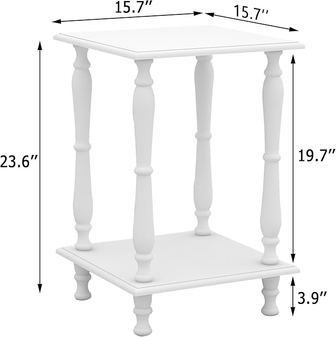 TaoHFE European Style End Tables Living Room White Square Sofa End Table 2-Tier Wooden End Side Table with Open Shelf Retro Vintage 24 Inch Bed Side Table for Bedroom Small Space, White