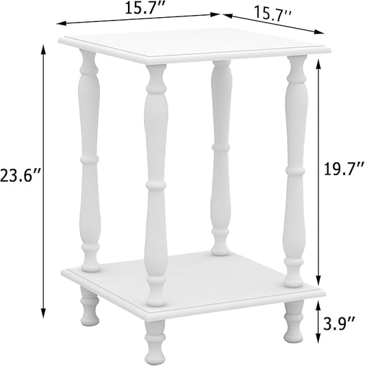 TaoHFE European Style End Tables Living Room White Square Sofa End Table 2-Tier Wooden End Side Table with Open Shelf Retro Vintage 24 Inch Bed Side Table for Bedroom Small Space, White