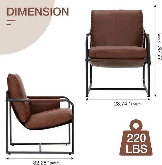 HOMMPA Sling Accent Chair Set of 2, Steel Frame Lounge Arm Chair Living Room Chair with Side Storage Pocket, Faux Leather Surface Reading Accent Chair Mid Century Modern Bedroom Chair, Brown