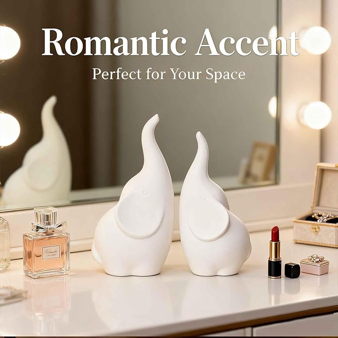 Ceramic Elephant Figurines with Trunk Up, Pair Couples Loving Elephant Statue, Small Figurines Sculpture African Home Decor, Valentine Elephants Gifts for Women, Wedding Knick Knacks（White）