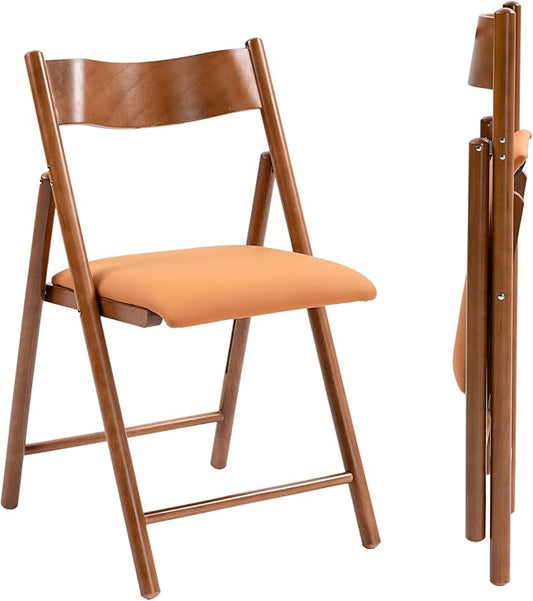 Folding Chairs Set of 2, Wooden Foldable Dining Chairs with Faux Leather Cushion 2-Pack Portable and Stackable Chairs for Dining Kitchen Office Wedding Picnic(Orange,2Pack)