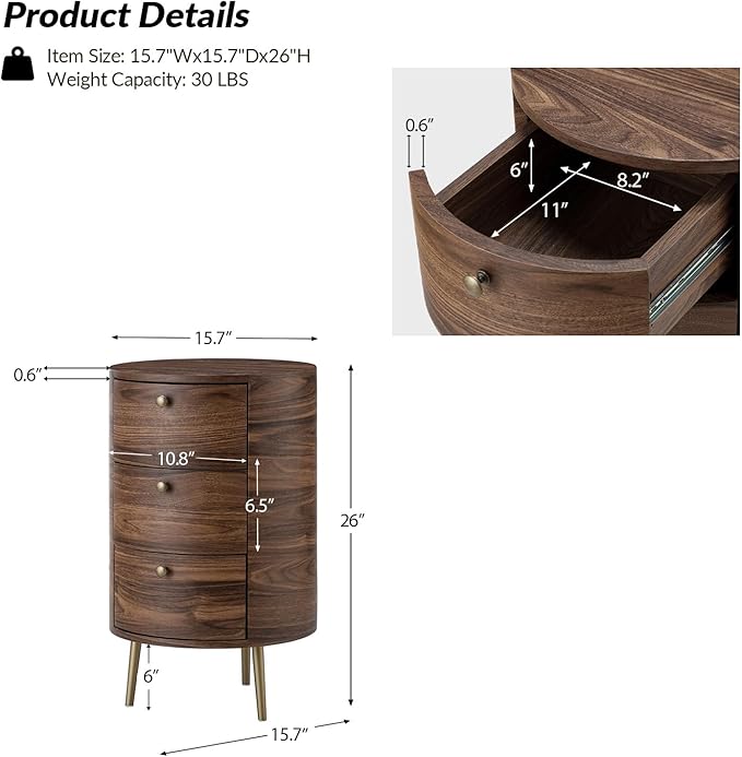 HULALA HOME Round End Table with 3 Storage Drawers, Mid Century Modern Sofa Side Table with Metal Legs, Farmhouse Wood Small Side Table for Living Room, Bedroom and Small Spaces, Walnut