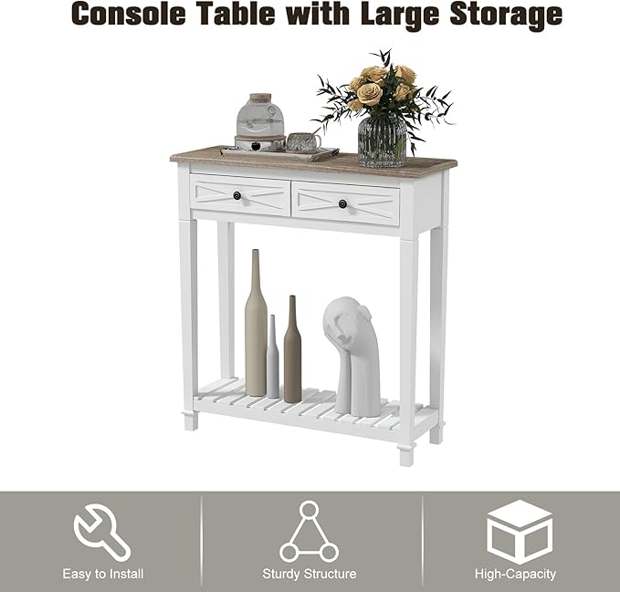 kinbor Entryway Table - White Console Table with 2 Drawers, Narrow Small Console Table with Storage Shelf for Entryway, Living Room, Hallway, White
