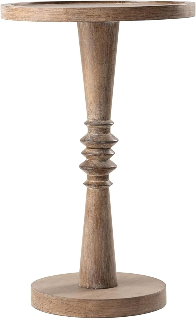 Pedestal Small Drinking Table, Farmhouse Tray Top End Table, Distressed Finish, Wood Color