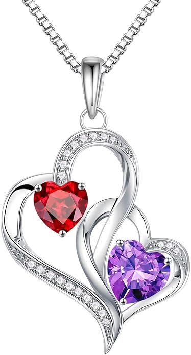 Iefil Christmas Gifts for Women - Double Heart Birthstone Necklace, 925 Sterling Silver Heart Pendant Necklace, Anniversary Birthday Gifts for Women | Personalized Jewelry Gift for Wife Mom Girlfriend