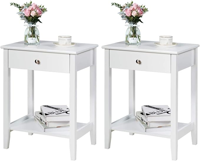 Giantex Nightstand Wooden 2-Tier Couch Sofa Side Table with Drawer, Storage Shelf, Solid Wood Legs,Mufti-Functional Home Furniture for Living Room Bedroom Study Room End Table (2, White)