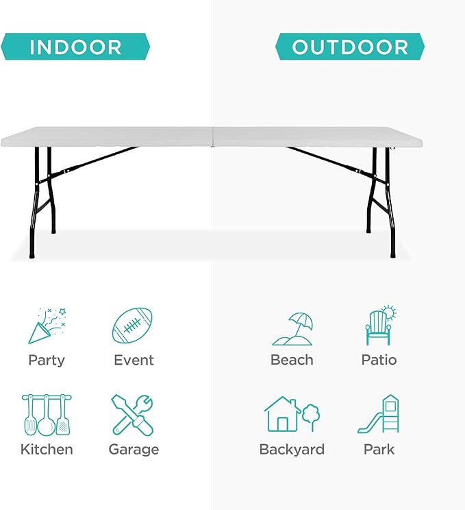 Best Choice Products 8ft Plastic Folding Table, Indoor Outdoor Heavy Duty Portable w/Handle, Lock for Picnic, Party, Pong, Camping - Light Gray