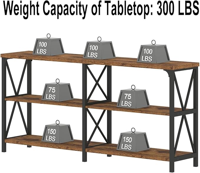 IBF Rustic Console Table, Modern Entryway Table with Storage Shelves, Industrial Metal Wood Sofa Tables Behind Couch, Farmhouse 3 Tier Foyer Hallway Tables for Bedroom, Rustic Brown, 63 in