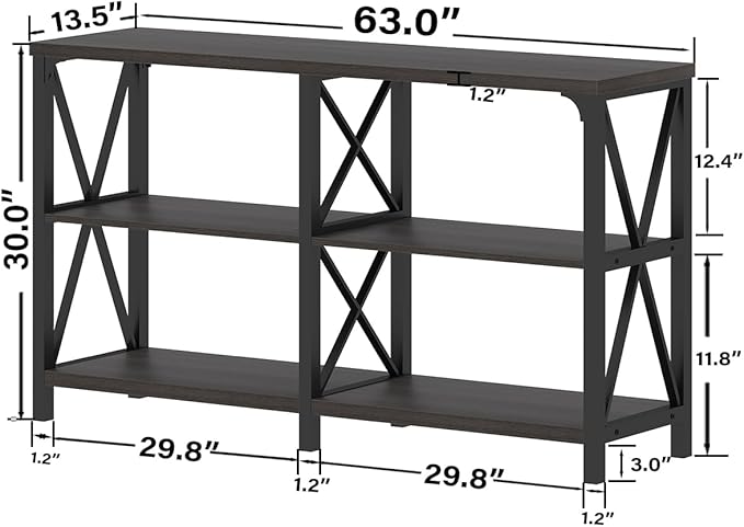 IBF Long Console Table, Industrial Entryway Table with Storage Shelves, Modern Metal Wood Sofa Table Behind Couch, Farmhouse 3 Tier Foyer Hallway Table for Entry Living Room, Dark Gray Oak, 63 in