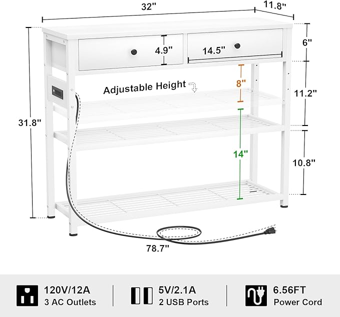 Ecoprsio Entryway Table with Outlets and USB Ports, Console Table with 2 Drawers, Small Sofa Table with Storage Shelves for Living Room, Couch, Hallway, Foyer, Kitchen Counter, 32'', White
